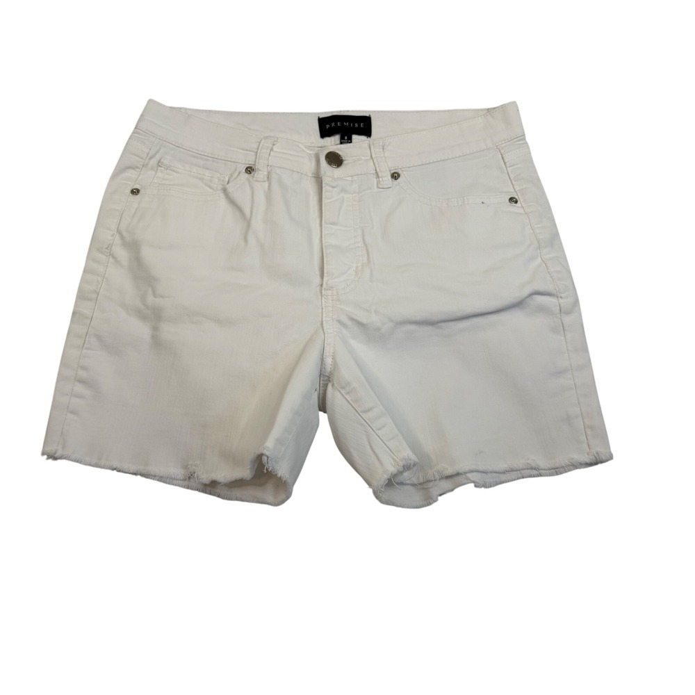 Premise Womens White Denim Shorts Raw Hem Size 8 Casual Mid Rise Frayed